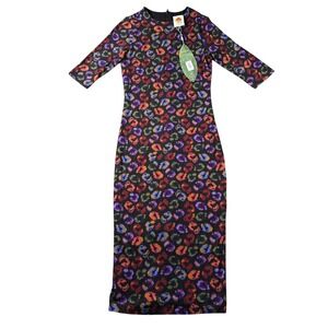 FARM Rio Dress Womens SMALL Leopard Print Jersey in Black Ikat-Dyed Stretch NWT‎